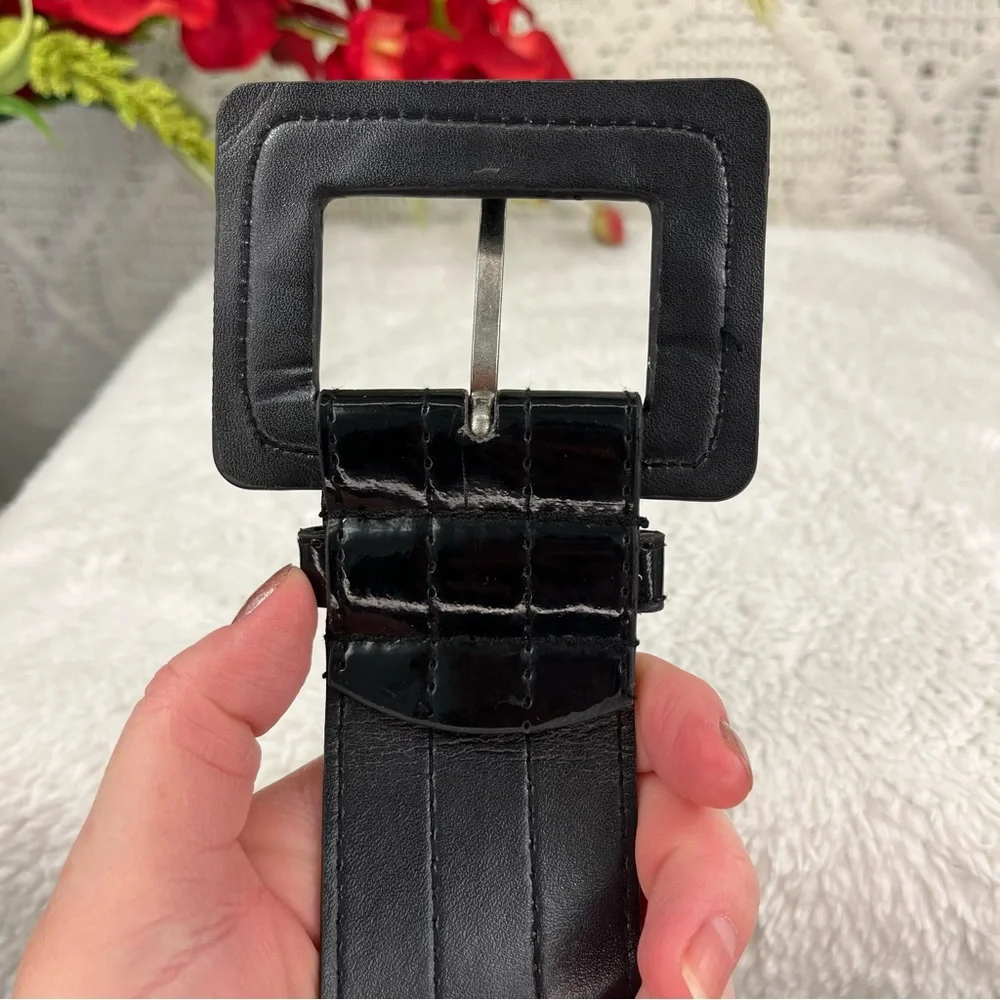 Black Patent Faux Vegan Leather Big‎ Buckle Belt